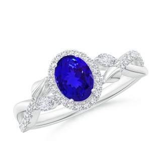 7x5mm AAAA Oval Tanzanite Twisted Vine Ring with Diamond Halo in White Gold