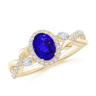 7x5mm AAAA Oval Tanzanite Twisted Vine Ring with Diamond Halo in Yellow Gold