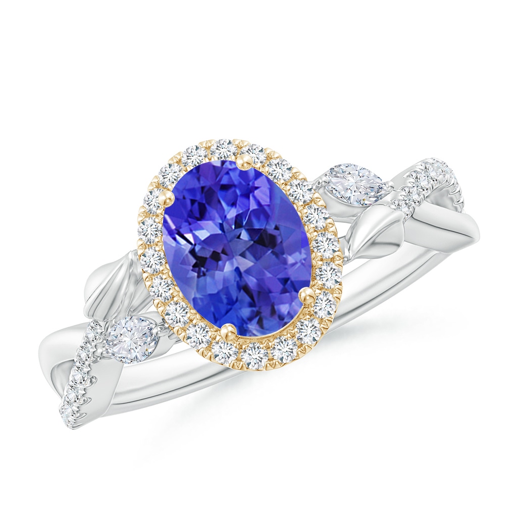 8x6mm AAA Oval Tanzanite Twisted Vine Ring with Diamond Halo in White Gold Yellow Gold