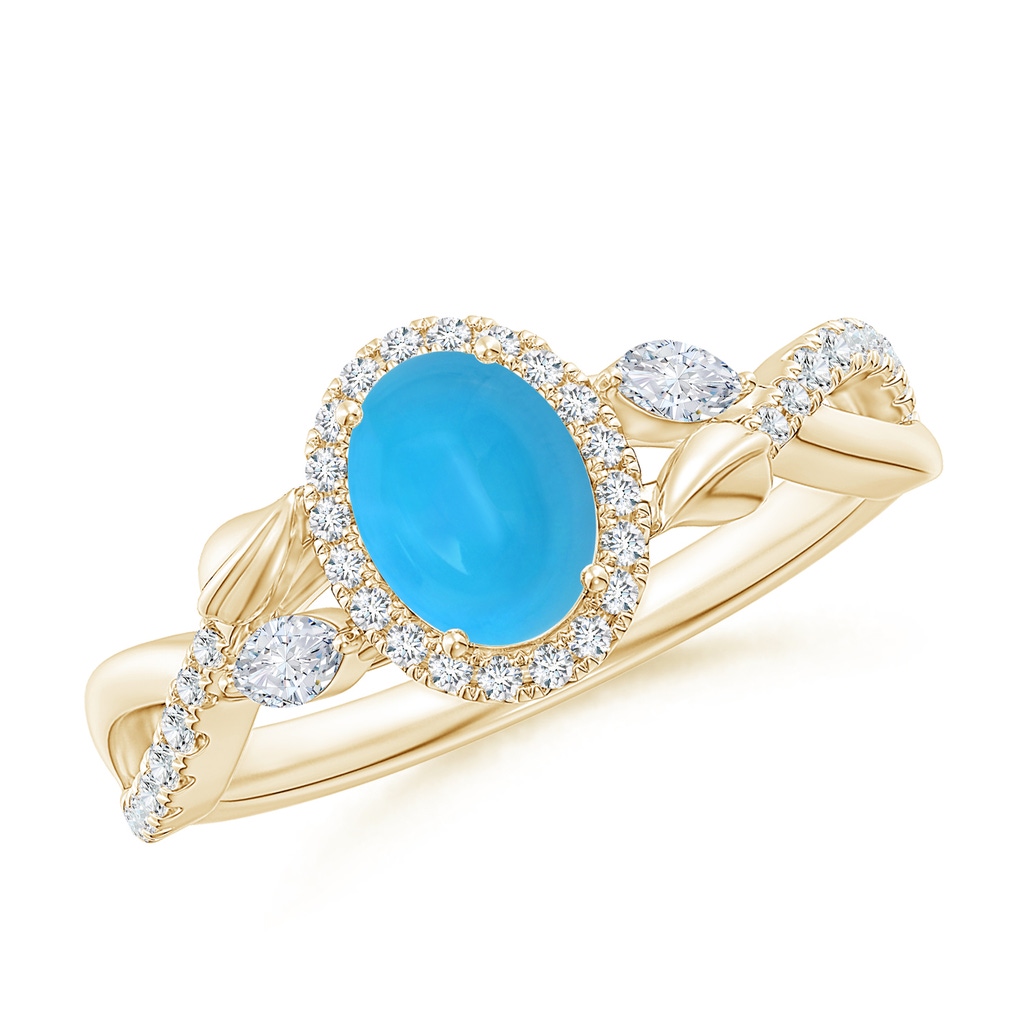 7x5mm AAAA Oval Turquoise Twisted Vine Ring with Diamond Halo in Yellow Gold