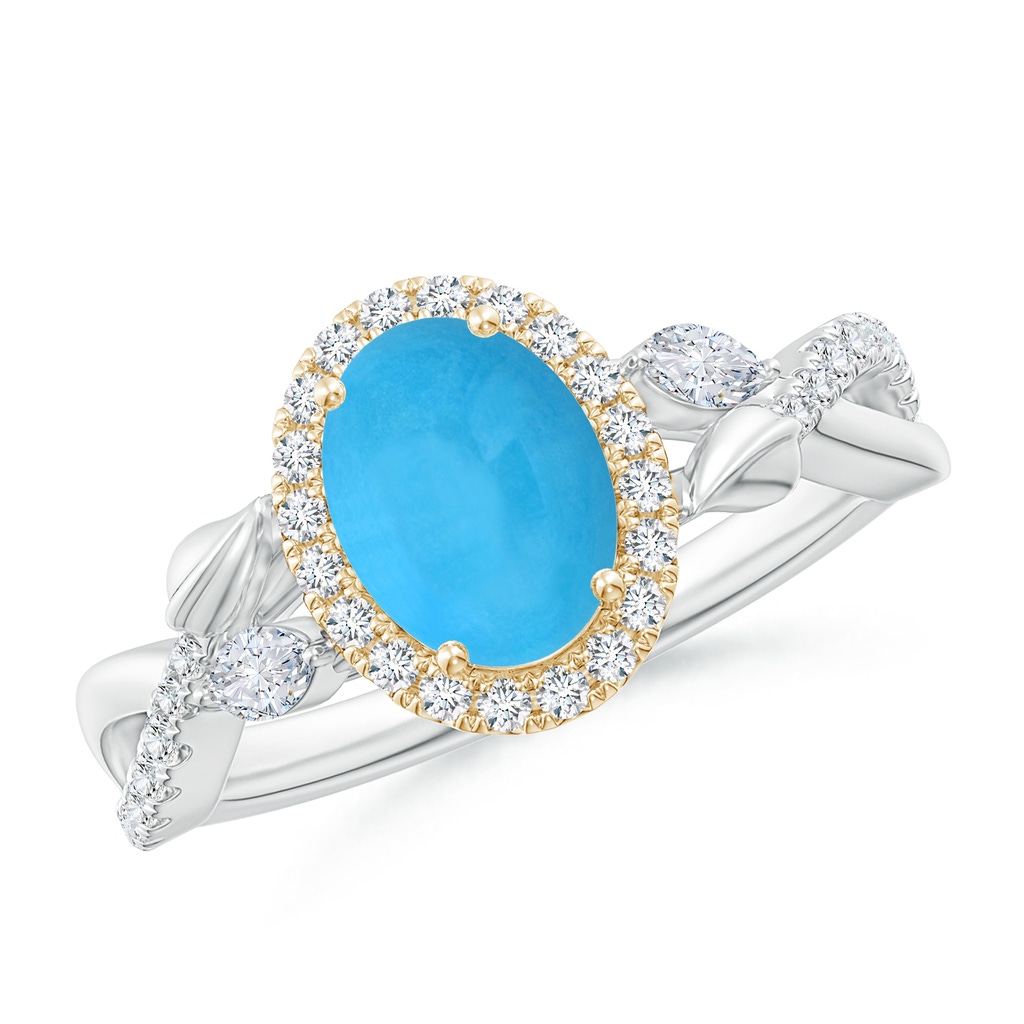 8x6mm AAA Oval Turquoise Twisted Vine Ring with Diamond Halo in White Gold Yellow Gold