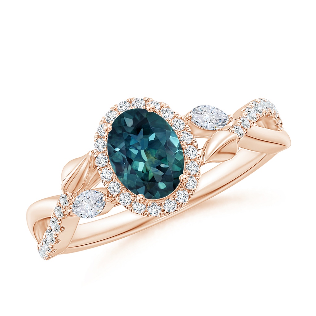 7x5mm AAA Oval Teal Montana Sapphire Twisted Vine Ring with Diamond Halo in Rose Gold