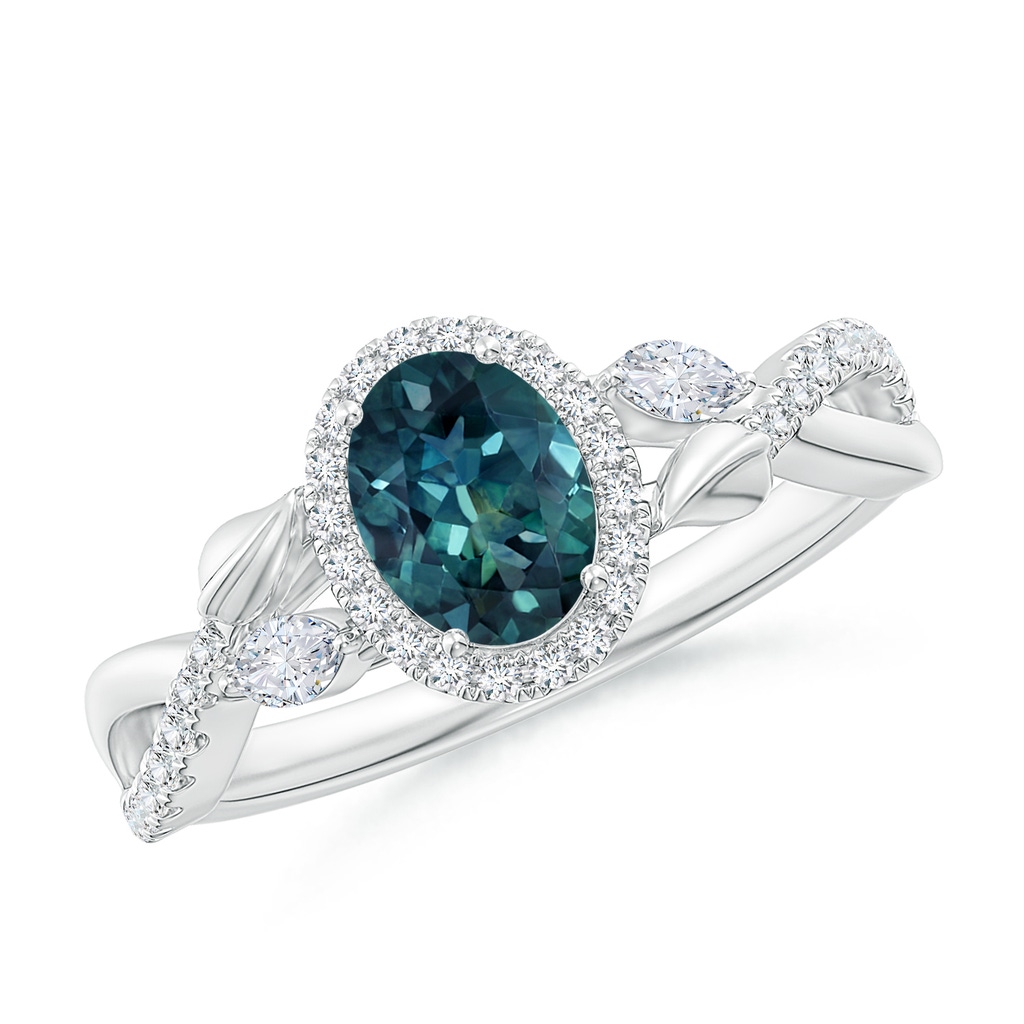7x5mm AAA Oval Teal Montana Sapphire Twisted Vine Ring with Diamond Halo in White Gold