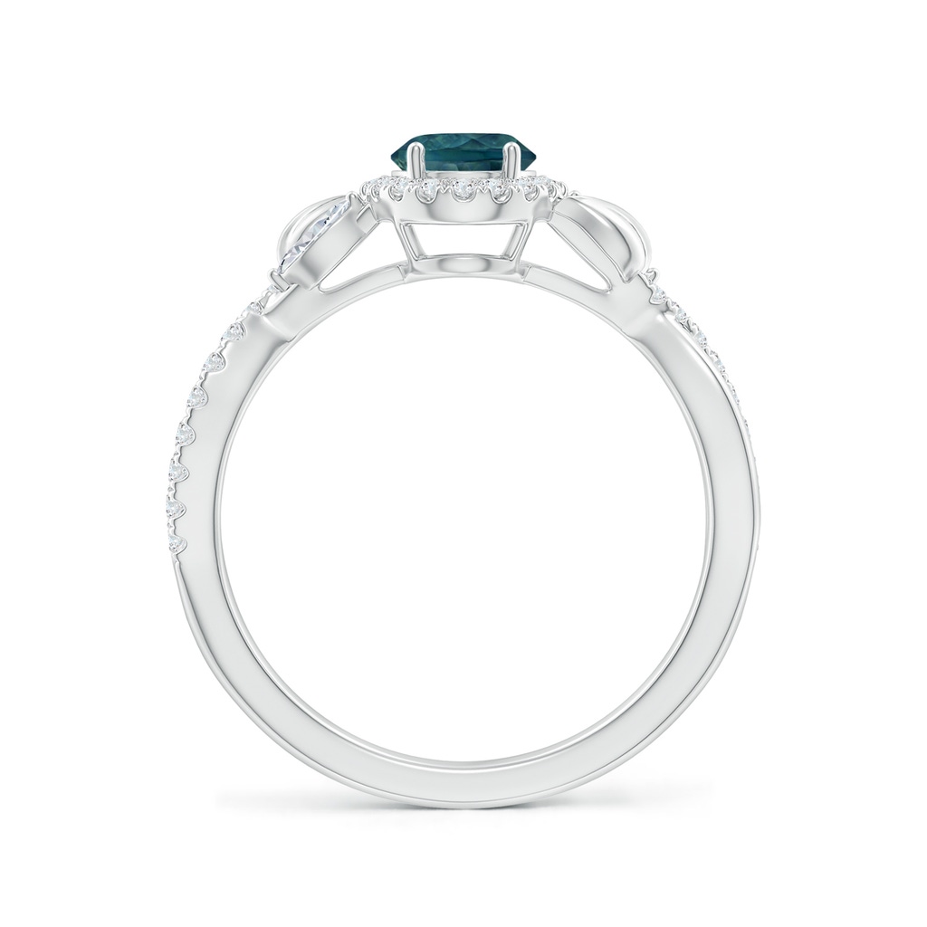 7x5mm AAA Oval Teal Montana Sapphire Twisted Vine Ring with Diamond Halo in White Gold Side-1