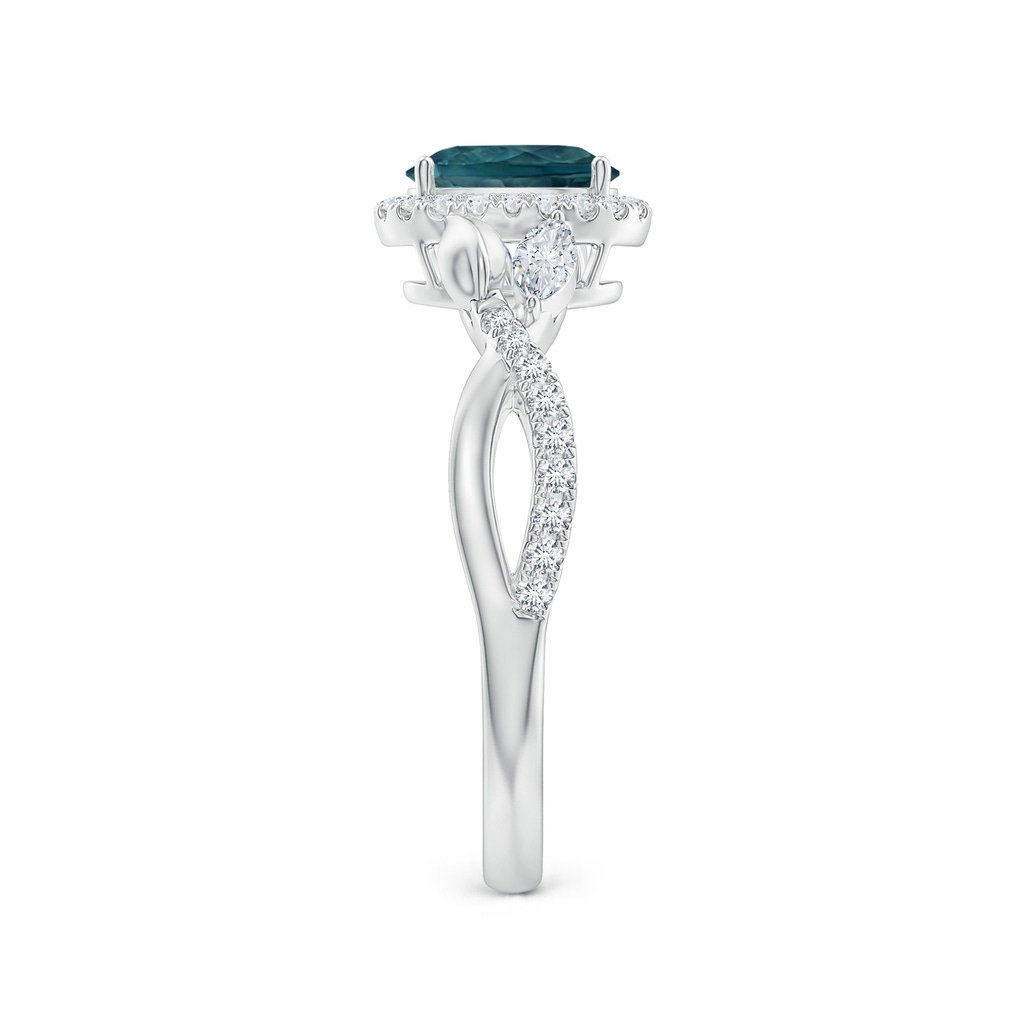 7x5mm AAA Oval Teal Montana Sapphire Twisted Vine Ring with Diamond Halo in White Gold Side-2
