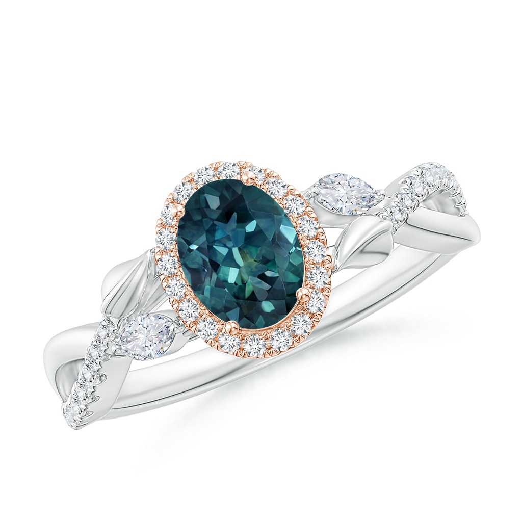 7x5mm AAA Oval Teal Montana Sapphire Twisted Vine Ring with Diamond Halo in White Gold Rose Gold