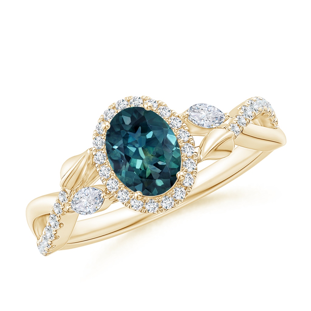 7x5mm AAA Oval Teal Montana Sapphire Twisted Vine Ring with Diamond Halo in Yellow Gold 