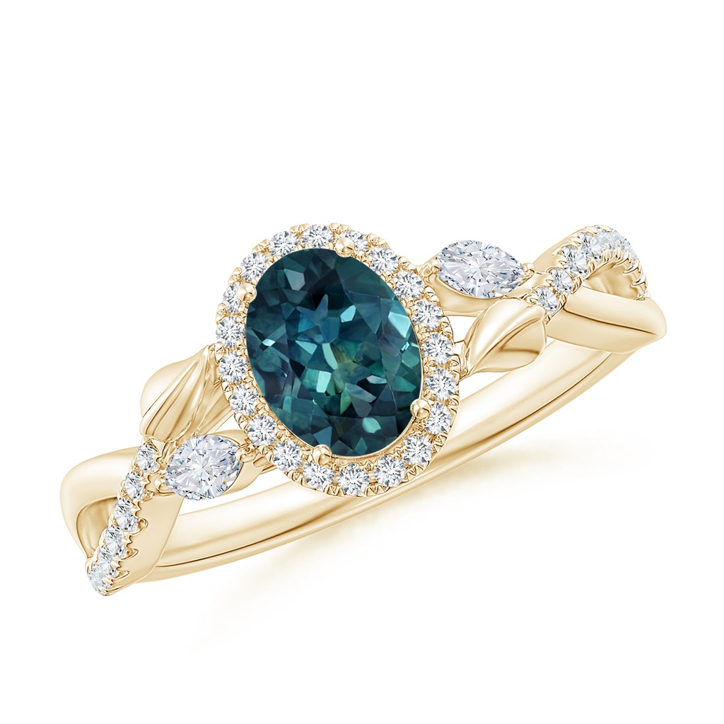 7x5mm AAA Oval Teal Montana Sapphire Twisted Vine Ring with Diamond Halo in Yellow Gold
