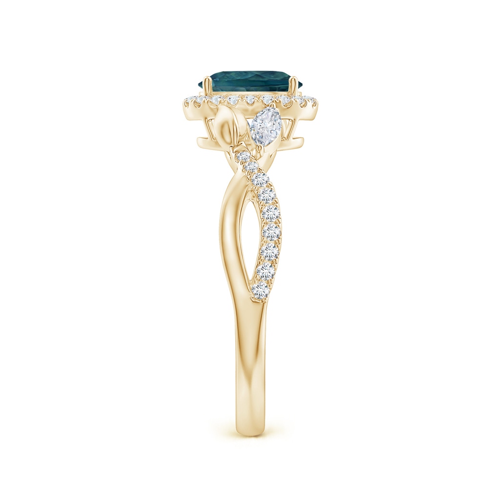 7x5mm AAA Oval Teal Montana Sapphire Twisted Vine Ring with Diamond Halo in Yellow Gold Side-2