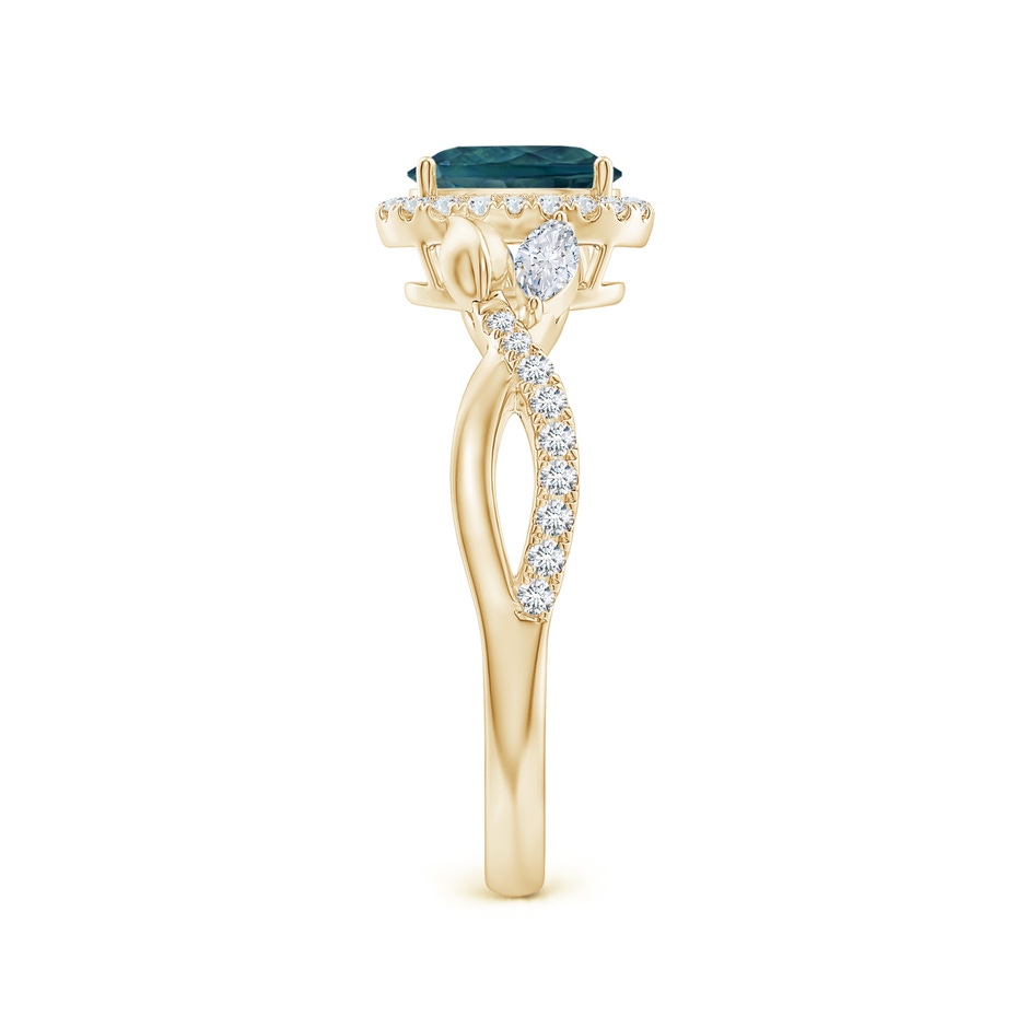 7x5mm AAA Oval Teal Montana Sapphire Twisted Vine Ring with Diamond Halo in Yellow Gold side-2