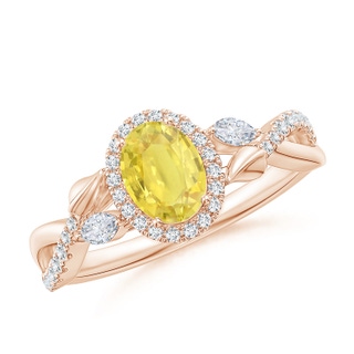 7x5mm A Oval Yellow Sapphire Twisted Vine Ring with Diamond Halo in 9K Rose Gold