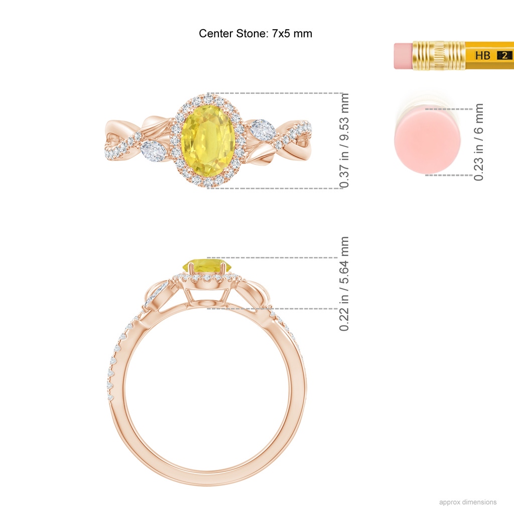 7x5mm A Oval Yellow Sapphire Twisted Vine Ring with Diamond Halo in Rose Gold Ruler