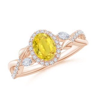 7x5mm AA Oval Yellow Sapphire Twisted Vine Ring with Diamond Halo in 9K Rose Gold