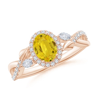 7x5mm AAA Oval Yellow Sapphire Twisted Vine Ring with Diamond Halo in Rose Gold
