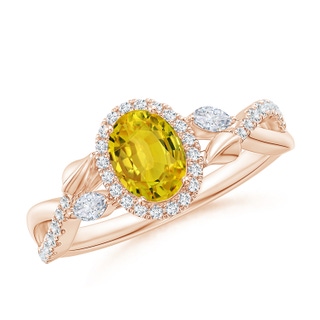 7x5mm AAAA Oval Yellow Sapphire Twisted Vine Ring with Diamond Halo in 10K Rose Gold