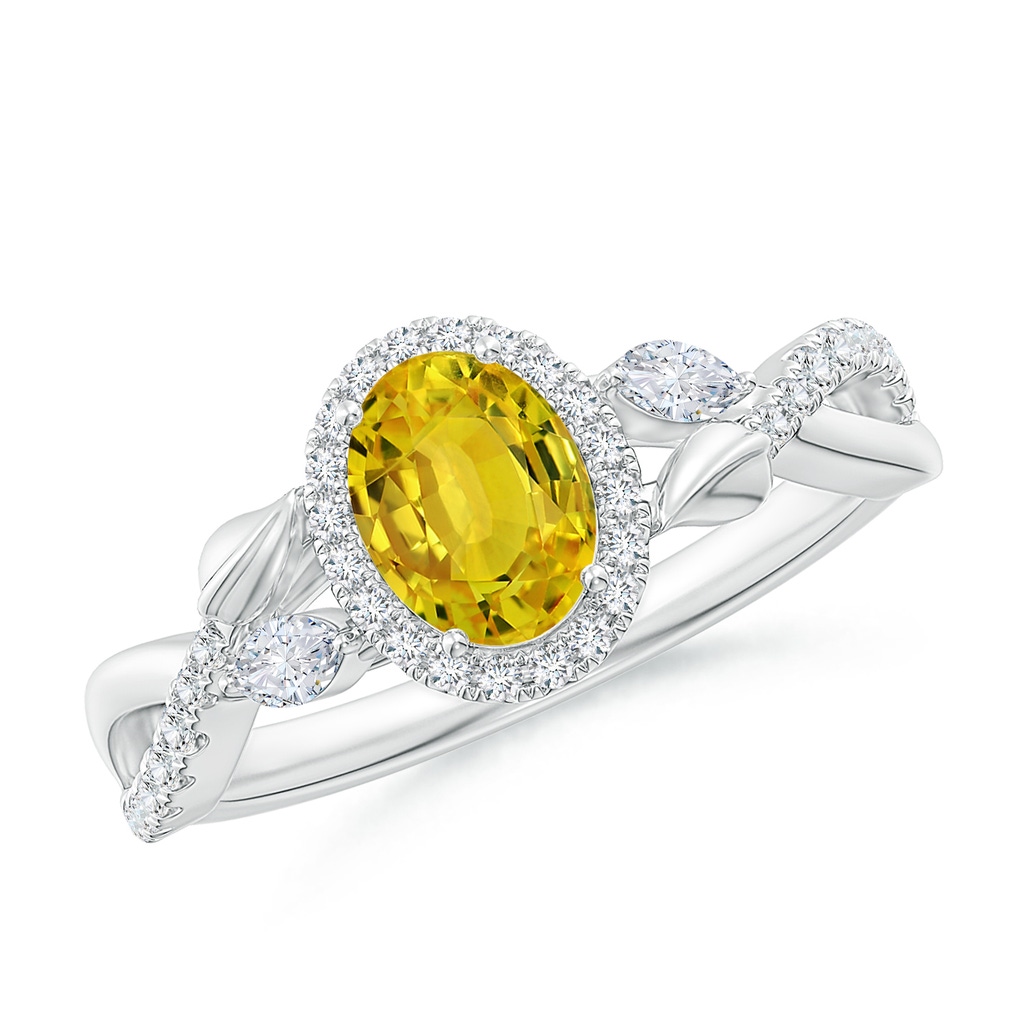 7x5mm AAAA Oval Yellow Sapphire Twisted Vine Ring with Diamond Halo in White Gold