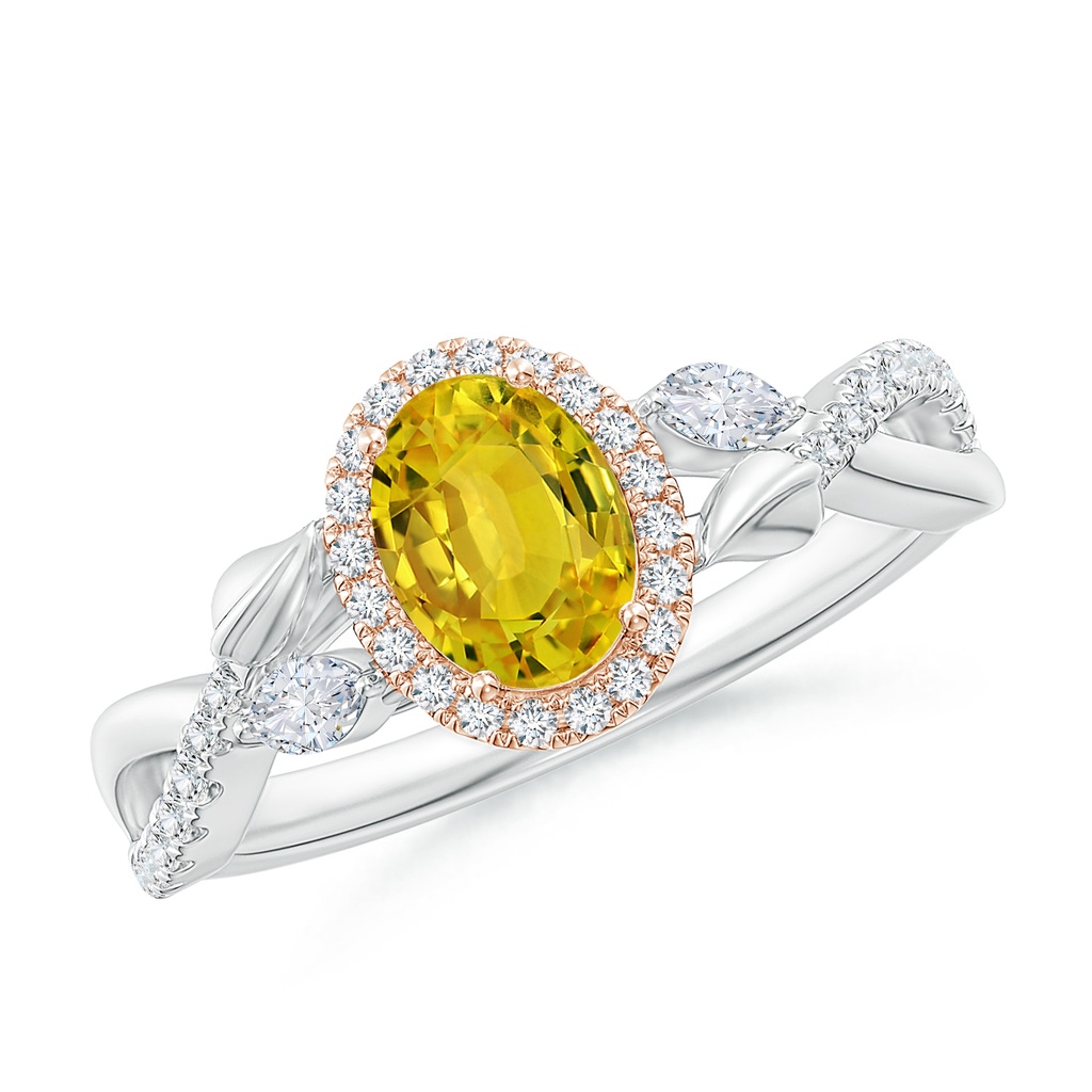 7x5mm AAAA Oval Yellow Sapphire Twisted Vine Ring with Diamond Halo in White Gold Rose Gold