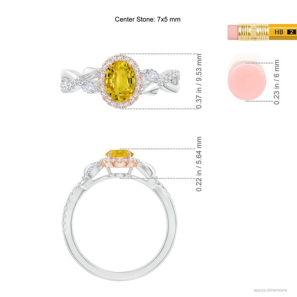 7x5mm AAAA Oval Yellow Sapphire Twisted Vine Ring with Diamond Halo in White Gold Rose Gold Ruler
