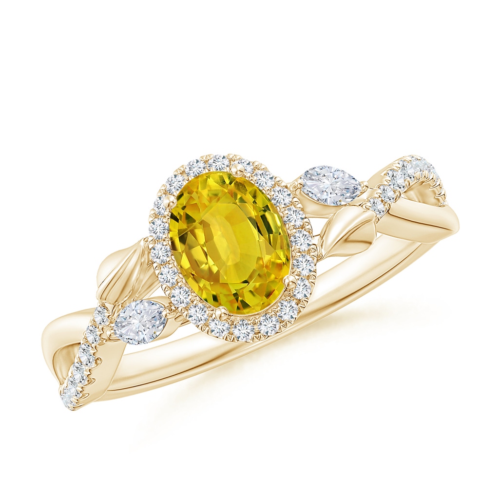 7x5mm AAAA Oval Yellow Sapphire Twisted Vine Ring with Diamond Halo in Yellow Gold