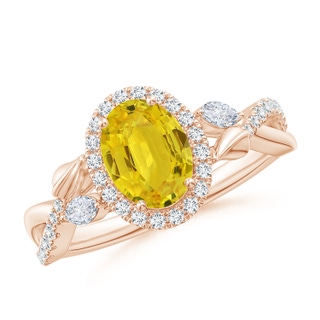 8x6mm AAA Oval Yellow Sapphire Twisted Vine Ring with Diamond Halo in Rose Gold