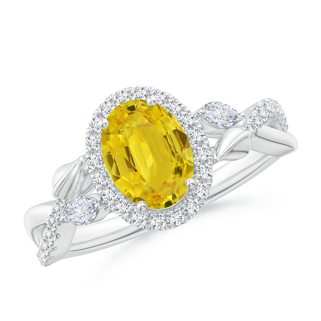 8x6mm AAA Oval Yellow Sapphire Twisted Vine Ring with Diamond Halo in White Gold