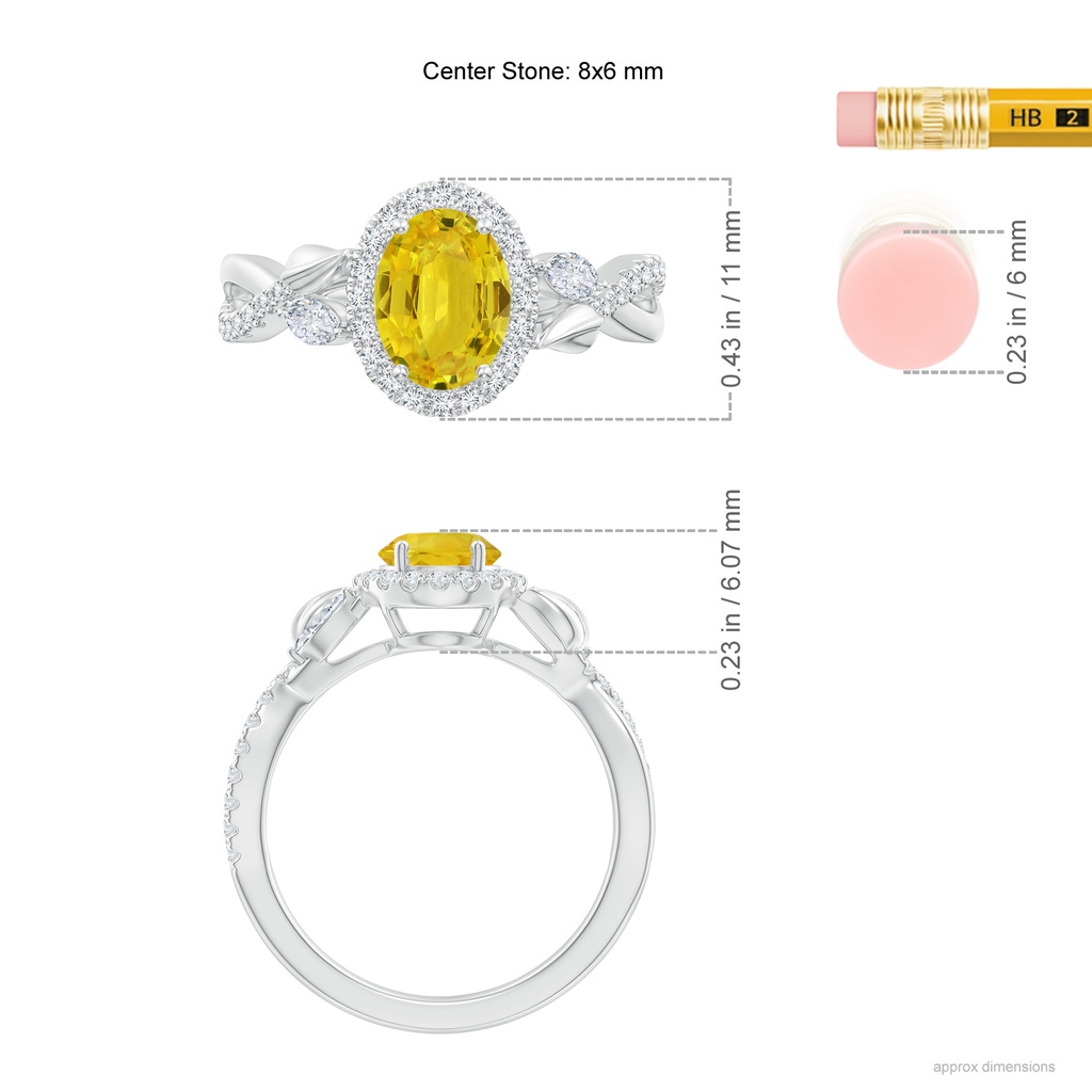 8x6mm AAA Oval Yellow Sapphire Twisted Vine Ring with Diamond Halo in White Gold Ruler