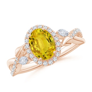 8x6mm AAAA Oval Yellow Sapphire Twisted Vine Ring with Diamond Halo in 10K Rose Gold