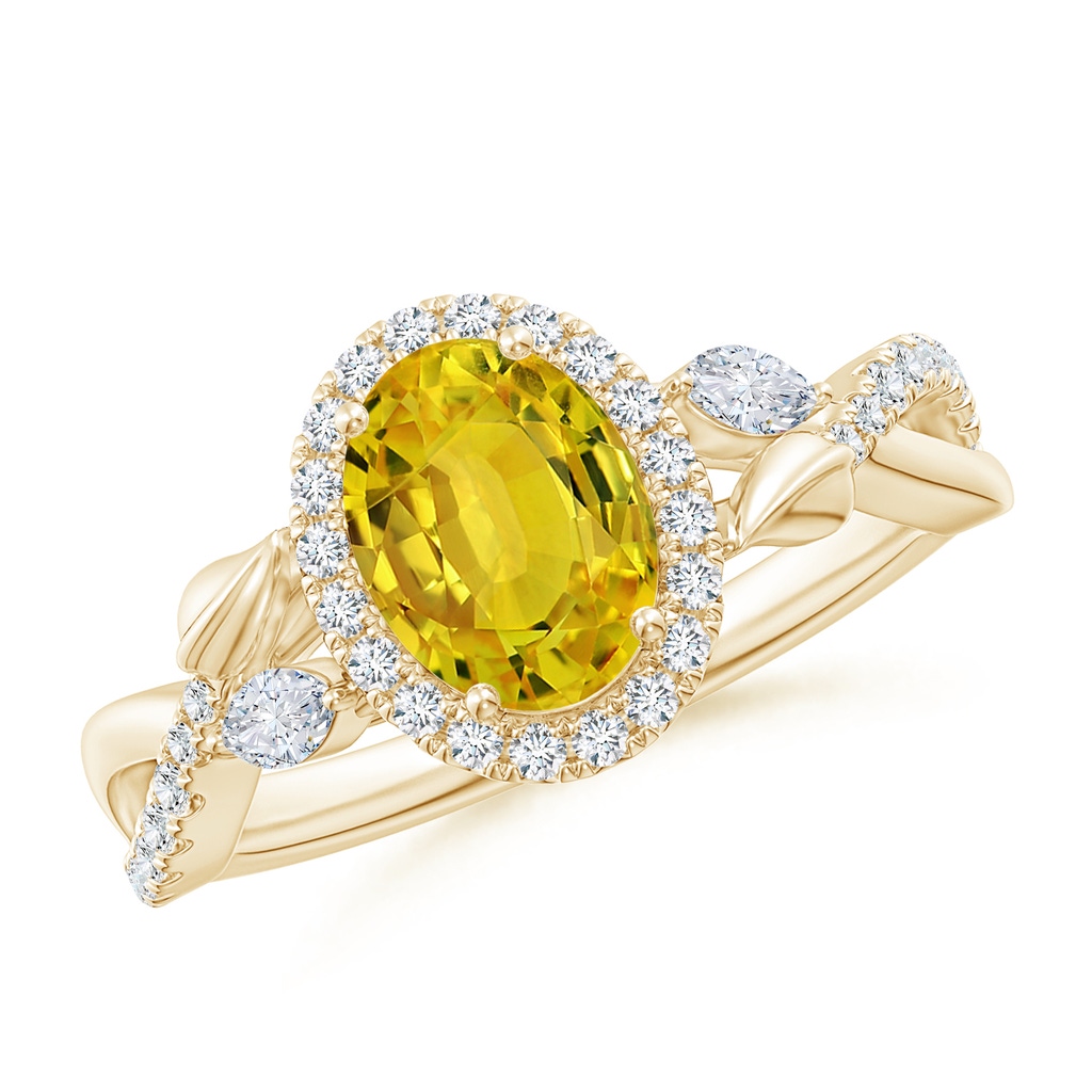 8x6mm AAAA Oval Yellow Sapphire Twisted Vine Ring with Diamond Halo in Yellow Gold