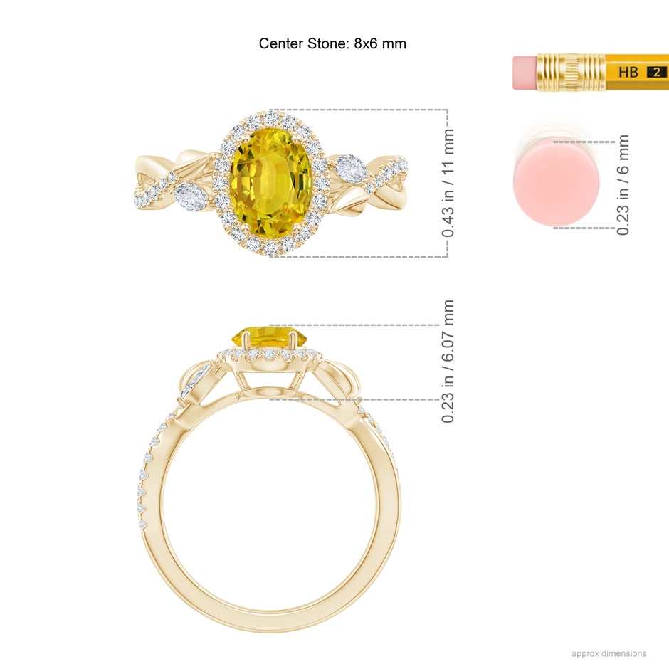 8x6mm AAAA Oval Yellow Sapphire Twisted Vine Ring with Diamond Halo in Yellow Gold ruler