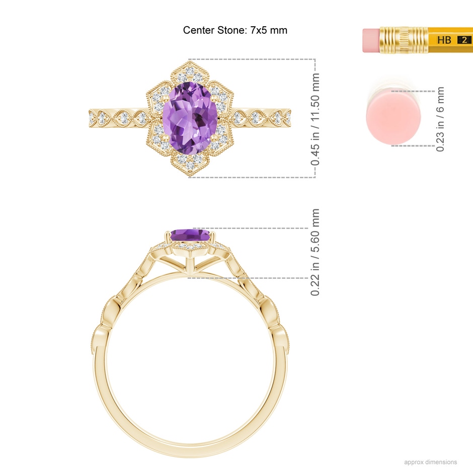 7x5mm A Oval Amethyst Trillium Floral Shank Ring in Yellow Gold ruler