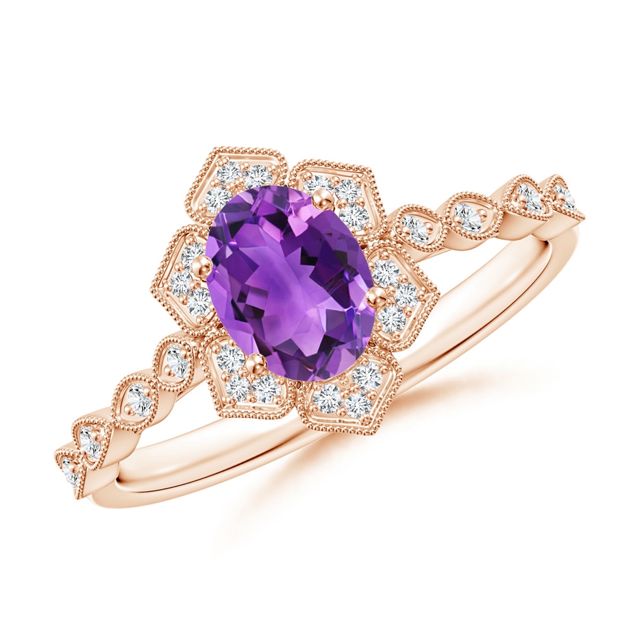 7x5mm AAA Oval Amethyst Trillium Floral Shank Ring in Rose Gold 