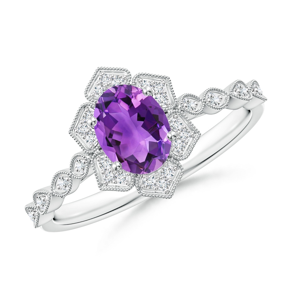 7x5mm AAA Oval Amethyst Trillium Floral Shank Ring in White Gold 