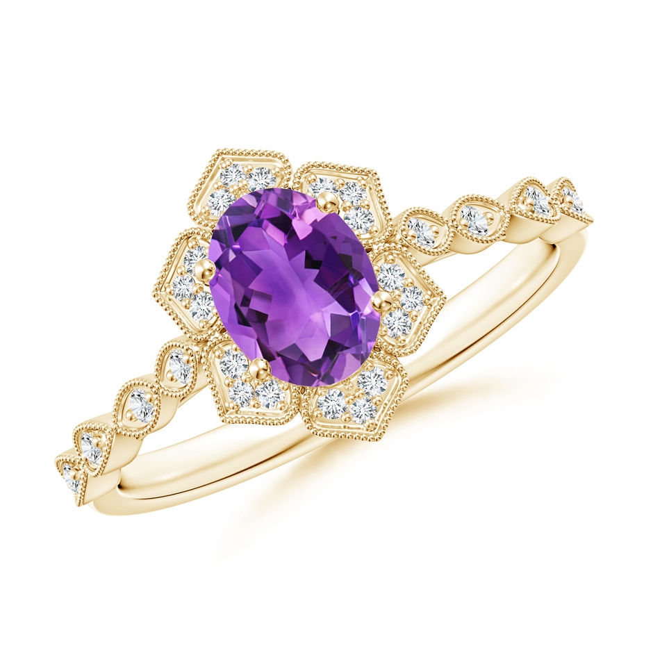 7x5mm AAA Oval Amethyst Trillium Floral Shank Ring in Yellow Gold 