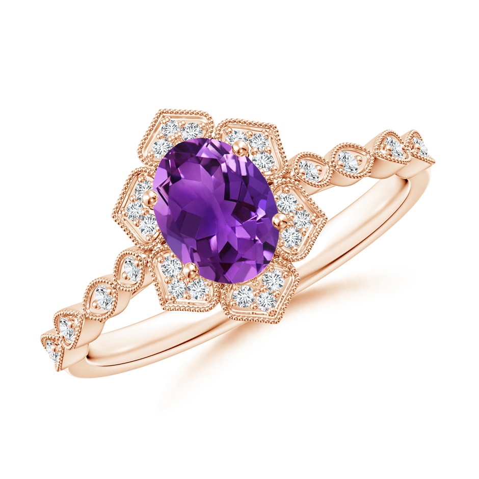 7x5mm AAAA Oval Amethyst Trillium Floral Shank Ring in Rose Gold 