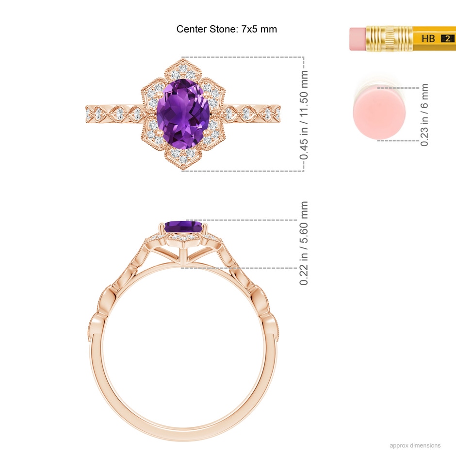 7x5mm AAAA Oval Amethyst Trillium Floral Shank Ring in Rose Gold ruler