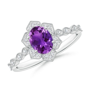 7x5mm AAAA Oval Amethyst Trillium Floral Shank Ring in White Gold