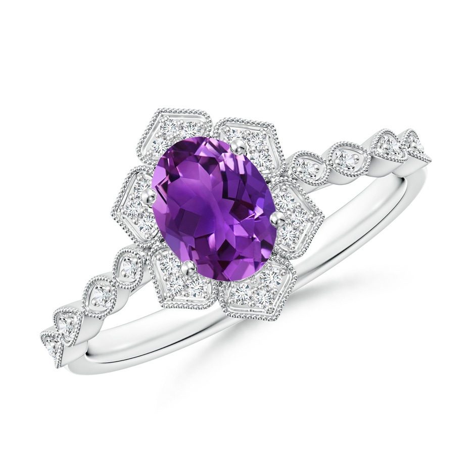 7x5mm AAAA Oval Amethyst Trillium Floral Shank Ring in White Gold 