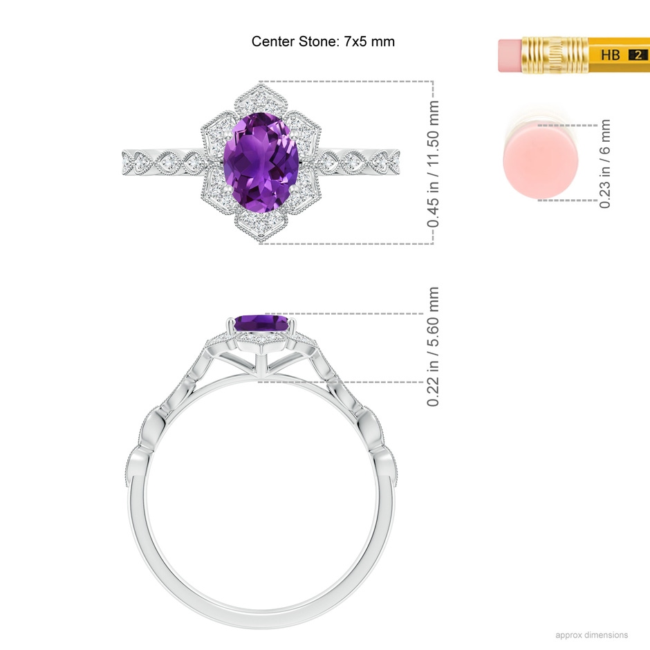 7x5mm AAAA Oval Amethyst Trillium Floral Shank Ring in White Gold ruler
