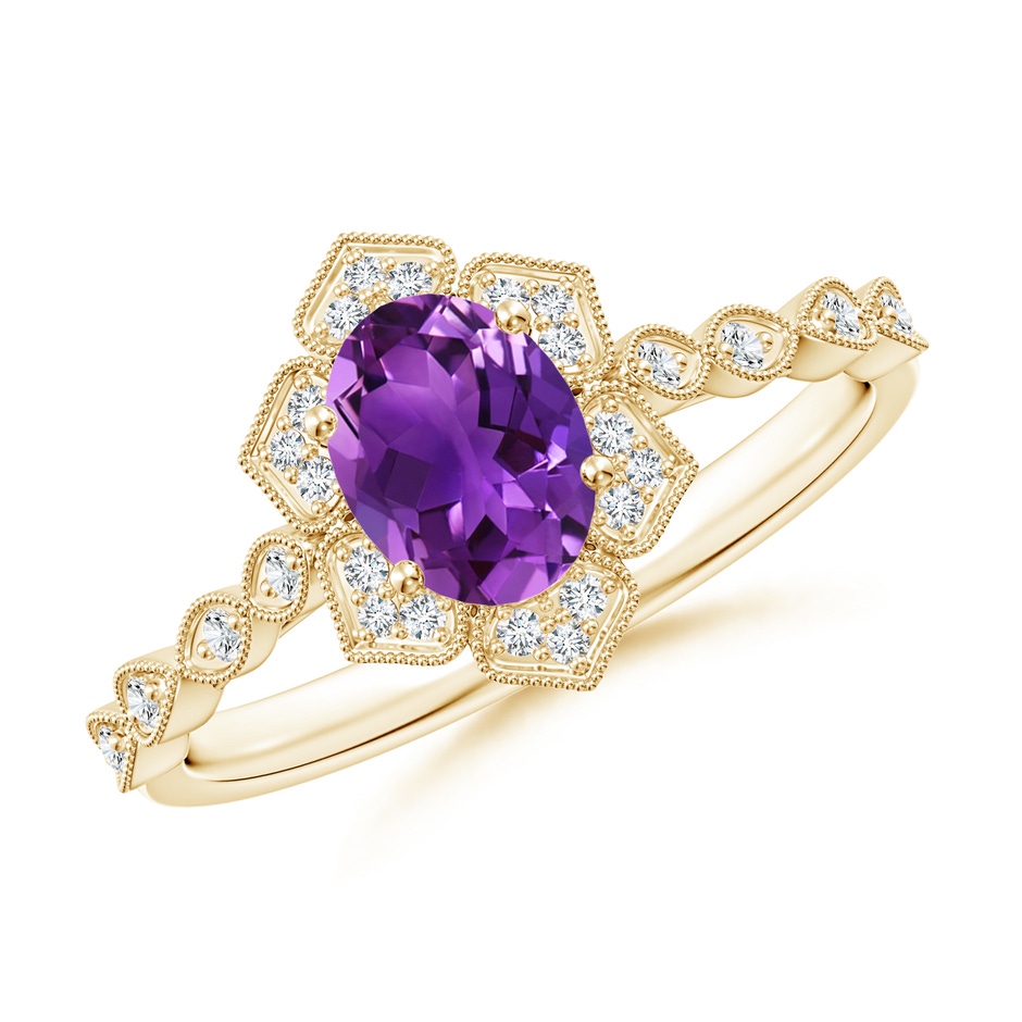 7x5mm AAAA Oval Amethyst Trillium Floral Shank Ring in Yellow Gold 