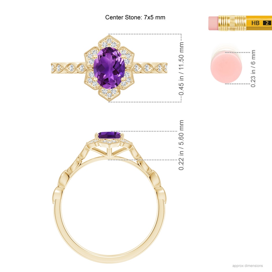 7x5mm AAAA Oval Amethyst Trillium Floral Shank Ring in Yellow Gold ruler