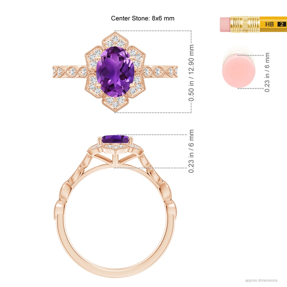 8x6mm AAAA Oval Amethyst Trillium Floral Shank Ring in Rose Gold ruler