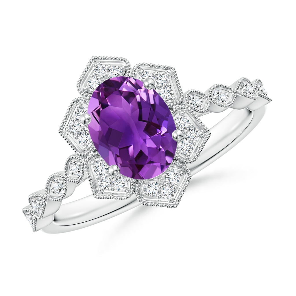 8x6mm AAAA Oval Amethyst Trillium Floral Shank Ring in White Gold