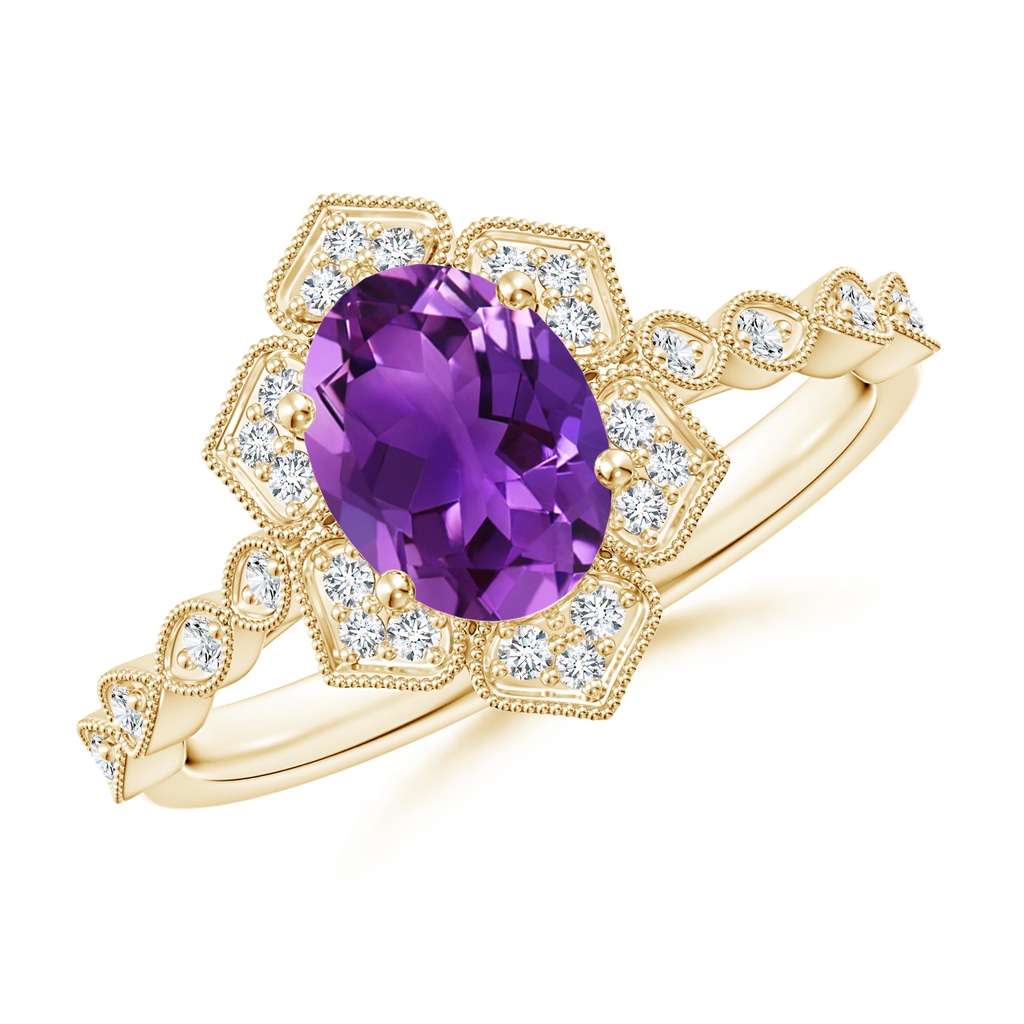 8x6mm AAAA Oval Amethyst Trillium Floral Shank Ring in Yellow Gold