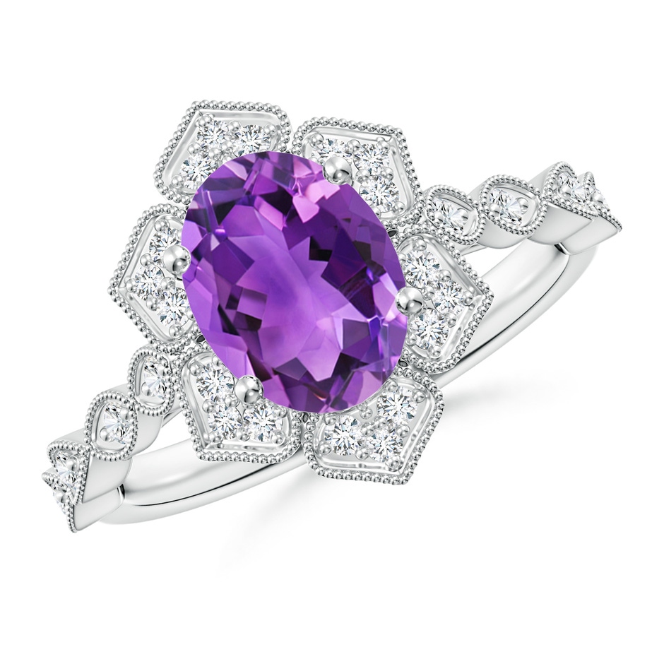 9x7mm AAA Oval Amethyst Trillium Floral Shank Ring in White Gold 