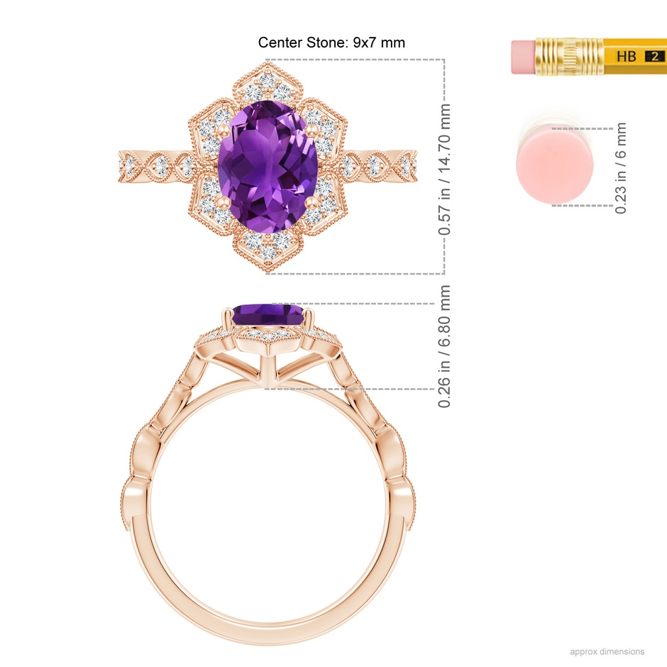 9x7mm AAAA Oval Amethyst Trillium Floral Shank Ring in Rose Gold ruler