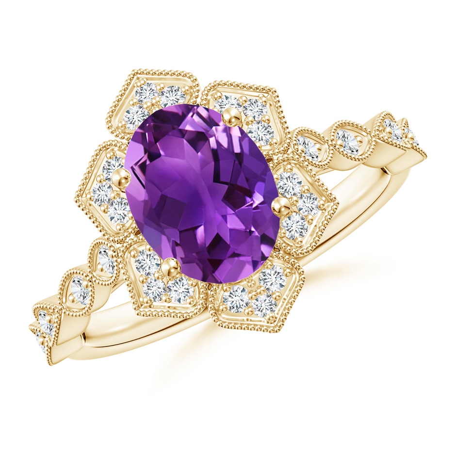 9x7mm AAAA Oval Amethyst Trillium Floral Shank Ring in Yellow Gold 