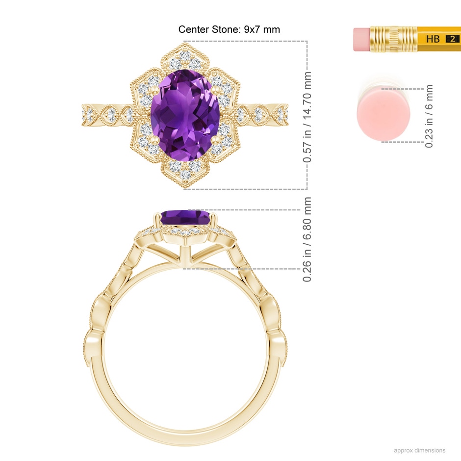 9x7mm AAAA Oval Amethyst Trillium Floral Shank Ring in Yellow Gold ruler
