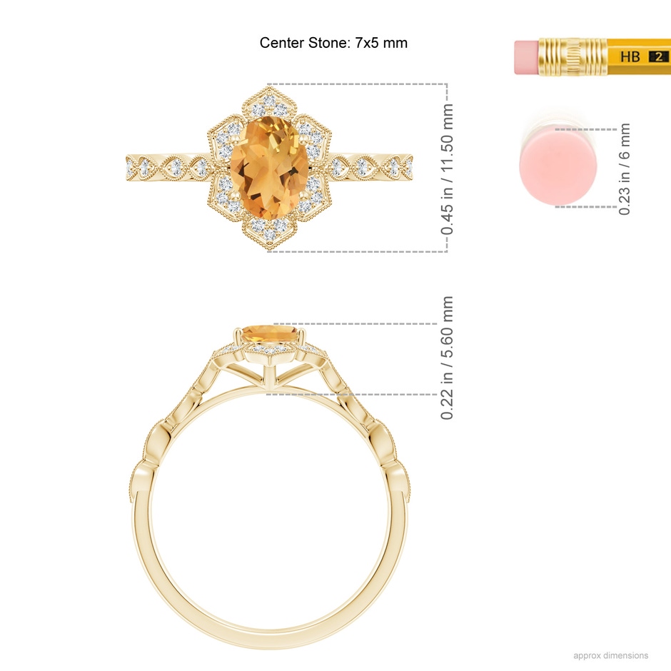 7x5mm A Oval Citrine Trillium Floral Shank Ring in Yellow Gold ruler