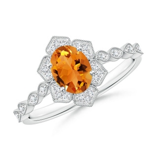 7x5mm AAA Oval Citrine Trillium Floral Shank Ring in White Gold