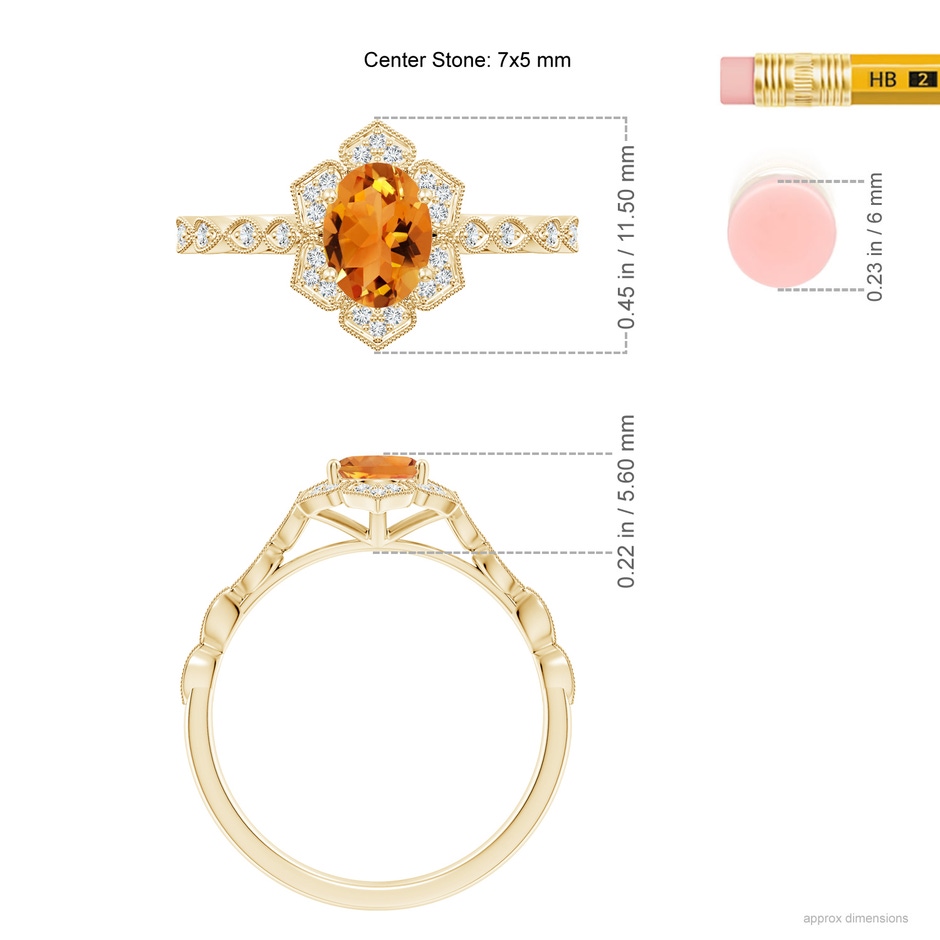 7x5mm AAA Oval Citrine Trillium Floral Shank Ring in Yellow Gold ruler